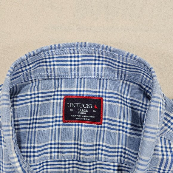 UNTUCKit Shirt Mens L Blue White Plaid Button Up Slim Fit Morisoli - Picture 3 of 10